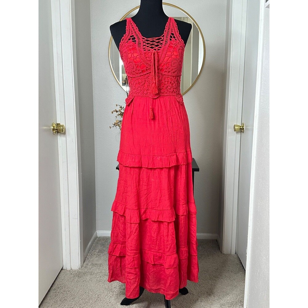 J GEE Red Boho Crochet Lace Maxi Dress Tiered Ruffle Smocked Back Cami Size M